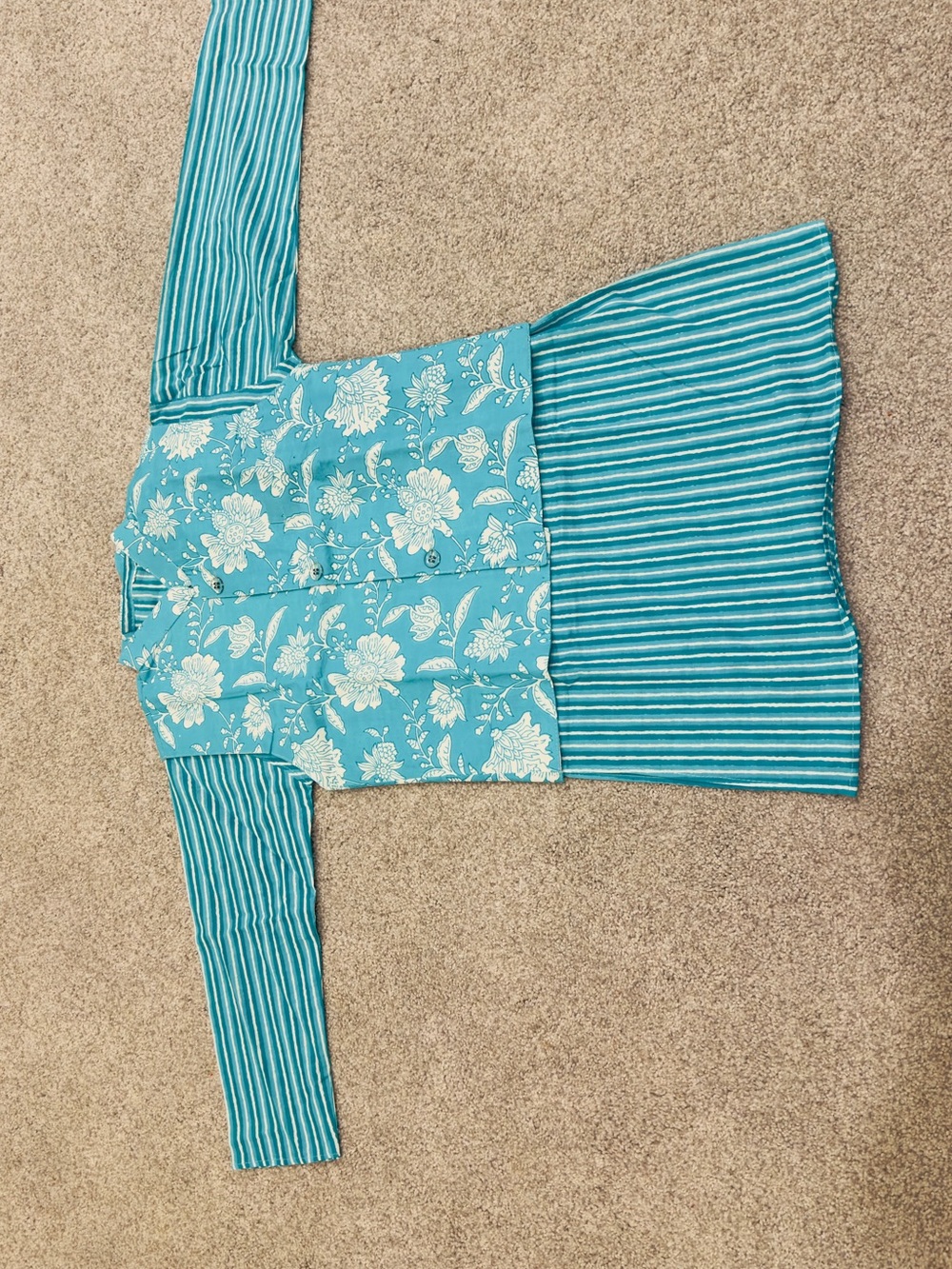Turquoise Stripe print boys Indian kurta with removable floral jacket